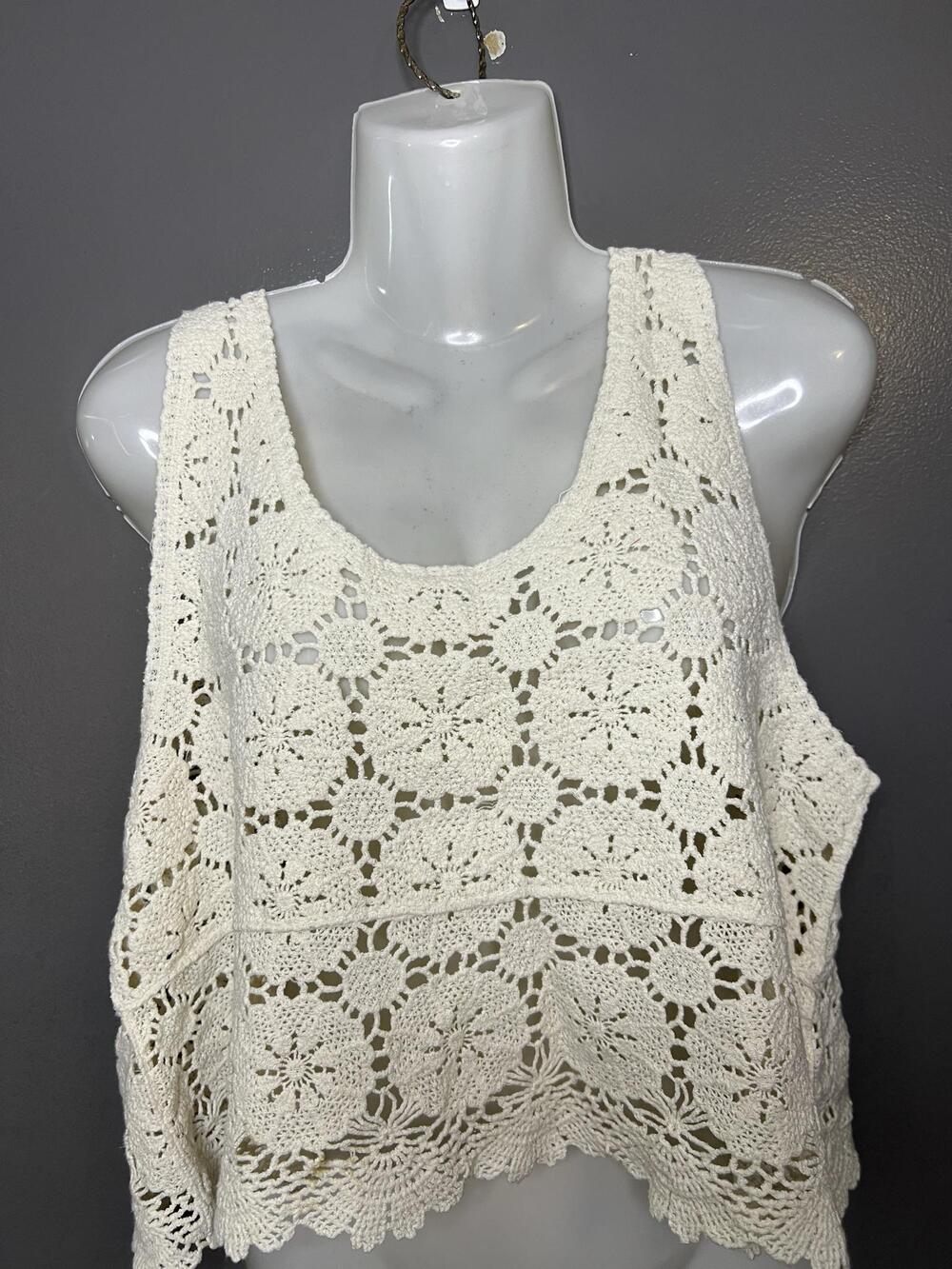 Rebellion Tank Top Womens Small White Crochet Scoop Neck Cropped Boho Summer